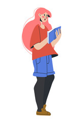 Girl reading book. Woman hold textbook, modern standing teen character. Education concept. Interesting literature. Bookstore or library bookworm people. Vector cartoon flat style isolated illustration