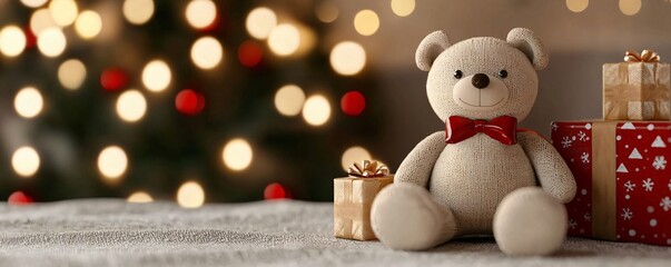 A cozy holiday scene featuring a cute teddy bear next to beautifully wrapped gifts, surrounded by twinkling lights.
