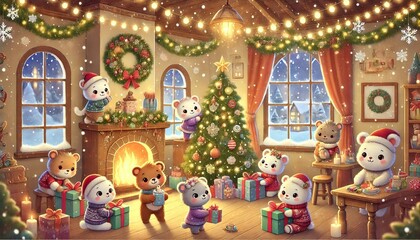 A cozy Christmas party where adorable animals decorate a festive tree, exchange gifts, and enjoy holiday treats in a warmly lit room with twinkling lights, garlands, and a fireplace