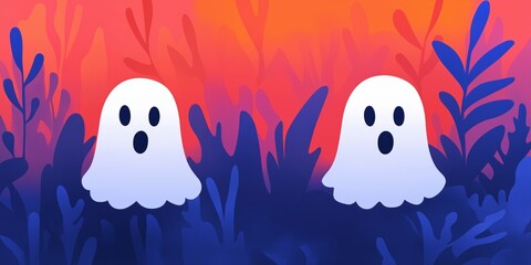 Obraz premium Cute ghost characters in a vibrant garden with bright colors, Halloween theme and playful mood.