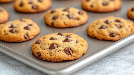 Freshly Baked Chocolate Chip Cookies on Baking Sheet.