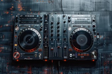 Professional DJ mixer and turntables set up on a textured black and red surface in a music studio