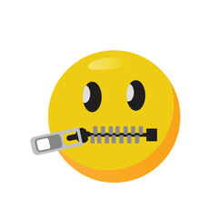 zipper mouth emoji. shut up or secret emoticon vector. yellow face with open eyes and closed metal zipper for mouth.