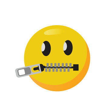 zipper mouth emoji. shut up or secret emoticon vector. yellow face with open eyes and closed metal zipper for mouth.