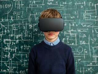 A young boy wearing a VR headset stands in front of a chalkboard filled with mathematical equations.