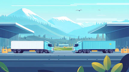 Delivery trucks exiting customs area with mountains in background, showcasing serene landscape. scene captures essence of logistics and transportation in vibrant setting