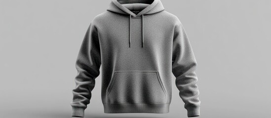 A grey hooded sweatshirt with a front pouch pocket, isolated on a white background.