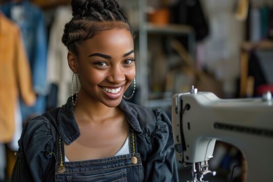 Class of Design. Happy and Creative Black Fashion Student Smiling in Studio by Sewing Machine