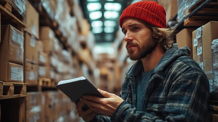 warehouse worker reading product order order picking warehouse manager checking delivery stock inspecting products for the shipment