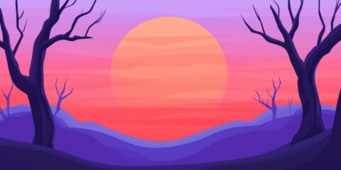 Vibrant sunset over a barren landscape with silhouetted trees in a spooky Halloween scene