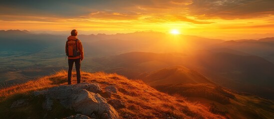 Obraz premium A lone hiker stands on a mountaintop, silhouetted against the setting sun, with breathtaking views of the valley and distant mountains, in a beautiful golden sunset.