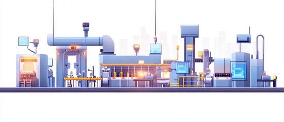 Fototapeta premium Industrial factory with CCTV cameras linked to IoT, monitoring production lines and security