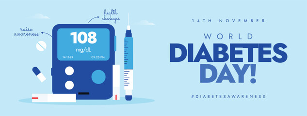 World Diabetes Day. 14th November Diabetes awareness banner with glucometer, insulin injection, tablets, strips, blue ribbon. Diabetes day banner to spread awareness, and measures to fight from it.