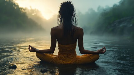 woman practicing mindfulness meditation in serene natural environment for mental health ,self care generative ai