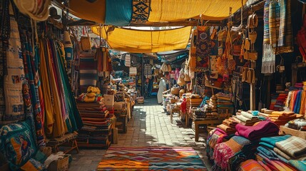 Fototapeta premium Vibrant market scene filled with colorful textiles, crafts, and warm sunlight illuminating a bustling atmosphere.