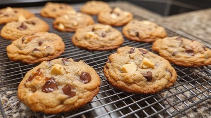 Warm, gooey cookies, just out of the oven. They're a mix of chocolate chips and nuts, and they look absolutely delicious.