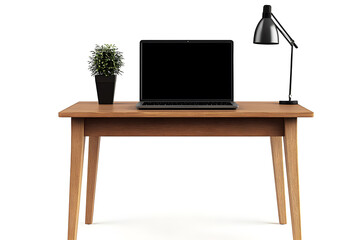 Workspace mock up. Modern wooden office desk with modern laptop computer isolated on white...