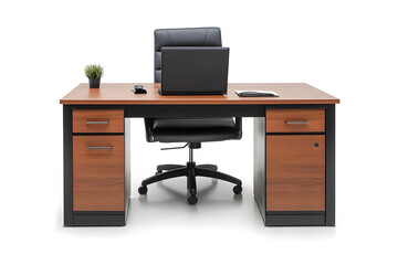 Workspace mock up. Modern wooden office desk with modern laptop computer isolated on white background