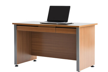 Workspace mock up. Modern wooden office desk with modern laptop computer isolated on white background