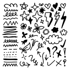 Hand drawn marker simple elements set. Doodle pen signs and effects. Simple thunderbolt, star, glitter, icons, heart, floral objects. Decorative pencil curved symbols and shape. 