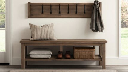Wooden Entryway Bench with Storage and Hooks.