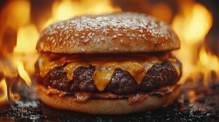 Juicy cheeseburger sizzling on a grill surrounded by vibrant flames at a summer barbecue gathering