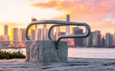Fototapeta premium A metal handrail on a concrete block overlooking a city skyline at sunset.