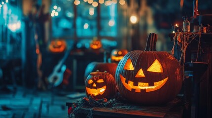 Obraz premium Halloween pumpkins and decorations on a dark background