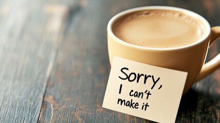 Apology Note 'Sorry, I can't make it' with Coffee Cup on Wooden Table Expressing Regret, AI