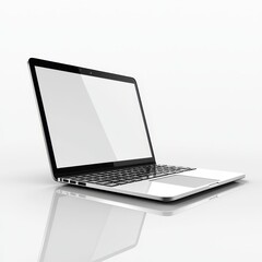3D render of an open silver laptop with a blank screen on a reflective surface, ideal for technology and website mockups.