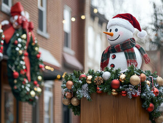 cheerful snowman wearing festive hat and scarf stands proudly at decorated podium, surrounded by holiday ornaments and greenery. scene captures joyful spirit of winter season