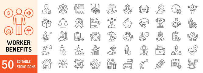 Worker Benefits editable stroke outline web icons set. Health insurance, social security, career, pay raise, bonuses, paid vacation, pension and paid vacation. Vector illustration