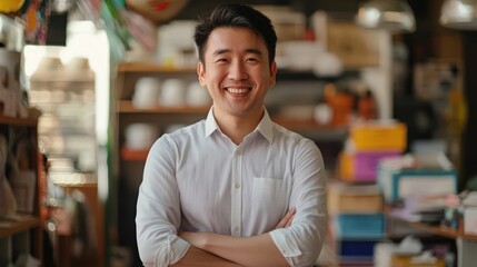 Smart and cheerful Asian business owner managing a small enterprise. The portrait shot in a store or office setting reflects a successful and positive attitude in business management.