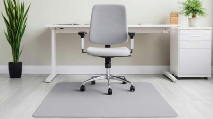 Grey Office Chair Mat on Hardwood Floor.