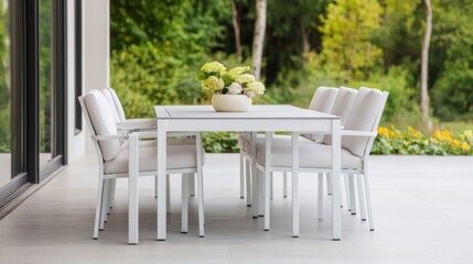 Obraz premium Modern White Outdoor Dining Set on Patio.