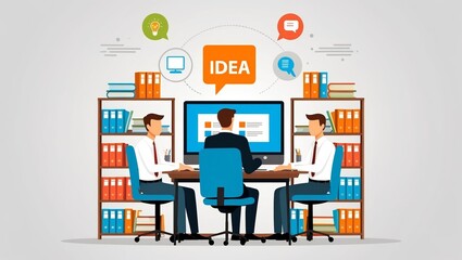 Fototapeta premium Flat Illustration of employees working in the office, sitting at the office desk in front of the computer and office elements. Business people office life. Business meeting