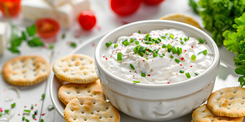 A bowl of creamy crab dip with cracker Seafood cheese with chives. , seafood lovers, culinary delight, gourmet dip, fresh ingredients,