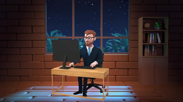 A businessman sitting on a chair working on PC at office. 3d animated character