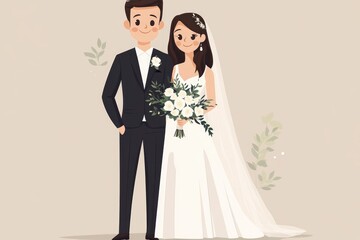 Cartoon Wedding Couple with Bouquet and Suit
