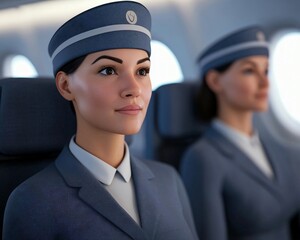 Fototapeta premium Professional cabin crew members seated in an airplane, showcasing modern uniforms and a calm in-flight atmosphere.