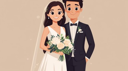 Cartoon Wedding Couple with Bouquet and Suit