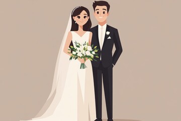 Cartoon Wedding Couple with Bouquet and Suit