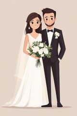 Cartoon Wedding Couple with Bouquet and Suit