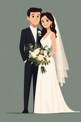 Cartoon Wedding Couple with Bouquet and Suit