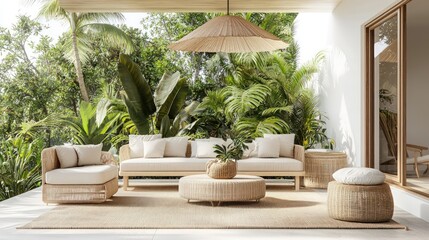 Tropical beach vacation home with a relaxed and minimalistic terrace. The balcony features easy-going furniture like a sofa and armchair, with a garden background and umbrella decorations.