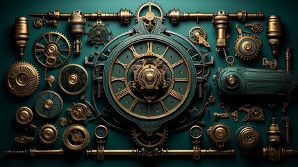 Fototapeta premium A symphony of bronze and teal an intricate clockwork design with gears, levers, and clock faces, all arranged against a backdrop of deep teal, creating a mesmerizing visual of time and movement.