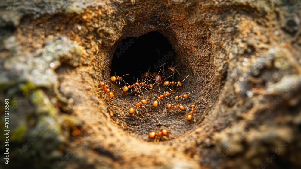 Poster close-up of ants entering their nest hole