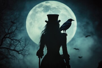 Mysterious Woman in Top Hat with Raven and Full Moon
