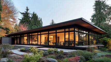 Fototapeta premium Modern Home Surrounded by Nature at Sunset