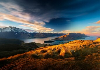 New Zealand's natural landscape showcases a breathtaking vista of mountains, a winding lake, and a golden meadow.
